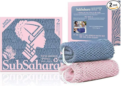 SubSahara Authentic African Net Sponge - 2 Pieces Exfoliating Scrubber for All Skin Types, Bath Sponge for Face & Body, Travel Portable, Durable, Gentle Exfoliation (Slate Blue & Bean Paste Pink)