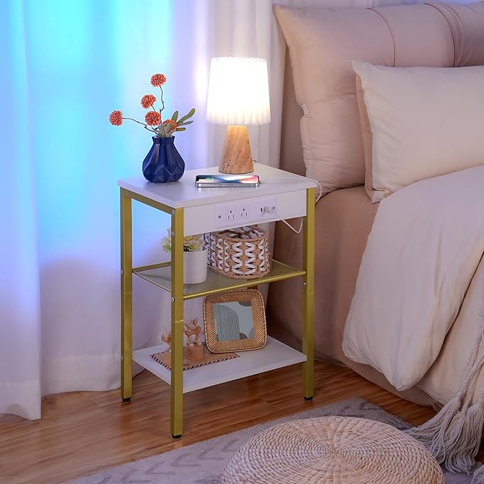 HOOBRO Side Table with Charging Station and USB Port, Small End Table for Small Space, 3-Tier Nightstand with Adjustable Shelf, for Living Room, Bedroom and Balcony, White and Gold DW112BZ01G1