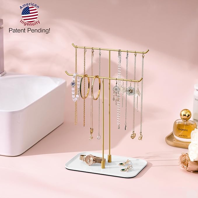 bussdis Gold Jewelry Organizer Necklace Holder Stand: 2-Tier T-Bar Display with White Metal Tray, Holds Necklaces Bracelets Earrings, Countertop Jewelry Tree