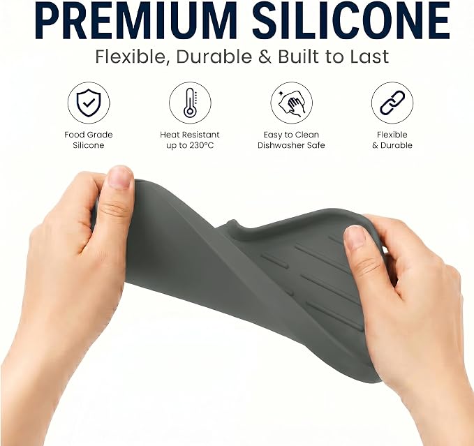 MicoYang Silicone Soap Dish with Drain Spout — Self-Draining Sink Organizer Tray for Bathroom & Kitchen, Sponges, Dispensers & Soap Holder, Non-Slip & Dishwasher Safe, Grey (Medium, 9.6"×5.3")