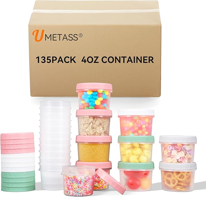 4oz Plastic Containers with Lids, Food Storage Containers Reusable Dishwasher Freezer Safe Airtight Microwave & Dishwasher Safe Takeout Jar (135pcs 4oz)