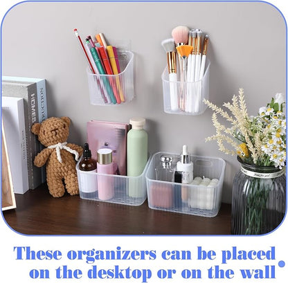 8 Pcs Clear Wall Basket, Wall Mounted Storage Bins Cabinet Door Organizer Plastic Shower Caddy with Self-Adhesive Hanger, Large Containers Box for Bathroom, Kitchen, Pantry, Countertop, No Drill Shelf