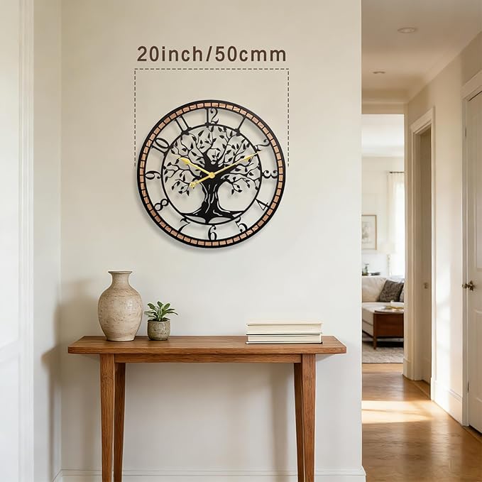 Axioglo Wall Clock,20" Large Wall Clock for Living Room Decor,Tree of Life and Wooden Frame Design,Non-Ticking Battery Operated,for Dining Room,Bedroom,Kitchen,Office Arabic Decoration