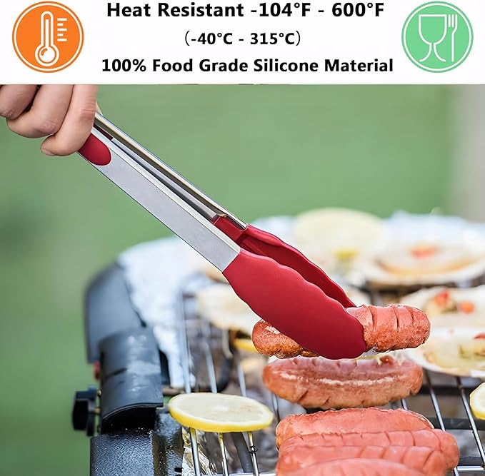 IOCBYHZ Kitchen Silicone Tongs for Cooking with Non-Slip Silicone Tips, 600°F Heat Resistant Cooking Food Tong Set Heavy Duty Stainless Steel Handle for Baking Grilling BBQ Serving, 2 Pack (9" & 12")