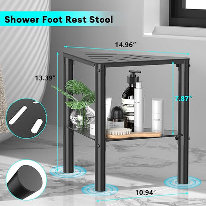 Shower Stool for Shaving Legs, Shower Step Stool for Inside Shower, Non-Slip Spa Shower Foot Rest Stool, Corner Bathroom Shower Bench Bath Seat with Storage Shelf for Small Shower Spaces