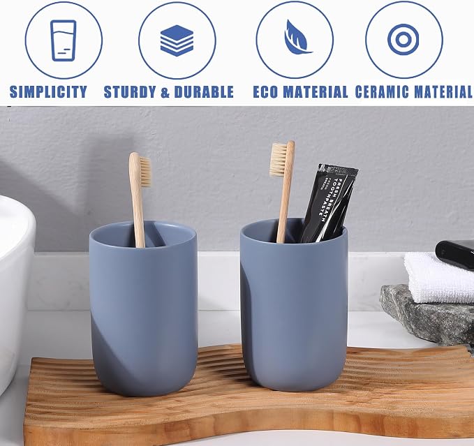 Toothbrush Holders for Bathrooms - 2 Cups Ceramic Toothbrush Toothpaste Holders Set, Blue Bathroom Tumbler Cups Reusable Toothbrush Mouthwash Cup, Bathroom Counter Organizer.