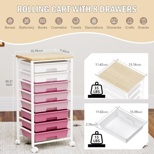 Rolling Cart with 8 Drawers, Storage Drawers Cart with Wooden Tabletop and Lockable Wheels, Craft Storage for Living Room, Office, Classroom, Craft Room, Bedroom