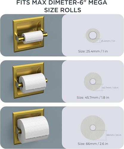 FORIOUS Recessed Toilet Paper Holder, Stainless Steel Durable Tissue Roll Holder Wall Mount for Bathroom Space Saving Design with Mounting Bracket, in Wall Toilet Paper Dispenser Insert, Gold
