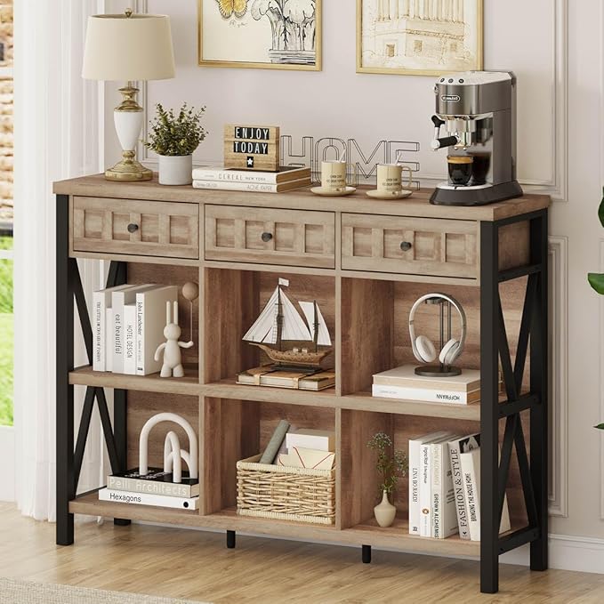 FATORRI Rustic 6 Cube Storage Organizer Bookshelf with 3 Drawers, 47 Inch Long Horizontal Bookshelf, Industrial Wood Short Low Cube Bookcase for Living Room, Home Office (Rustic Oak)