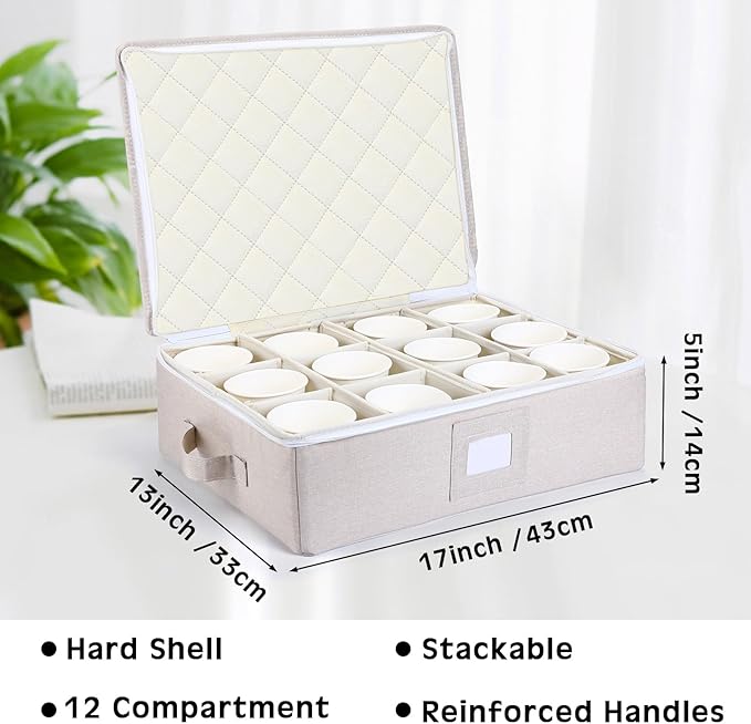 Uiifan 4 Pcs Cup and Mug Storage Box Stemware Storage Cases Containers Holds 12 Coffee Mug and Tea Cup with Lid Handle Wine Glass Box with Insert Cards for Label(Yellow)