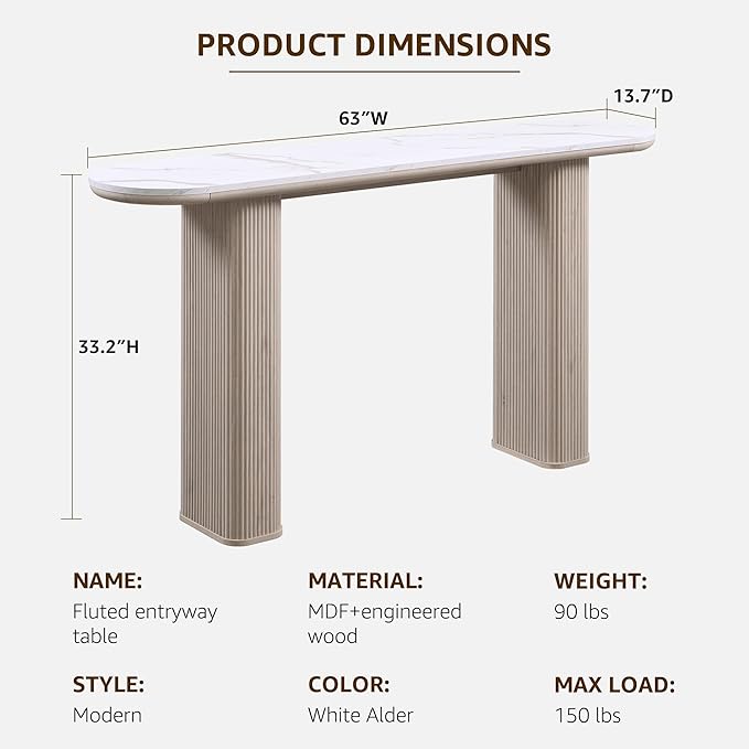 OKD 63" Modern Console Table with Arc Faux Marble Texture Top, Fluted Wood Base, Contemporary Entryway Sofa Table for Living Room, Hallway, Foyer, White Alder