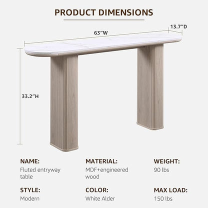 OKD 63" Modern Console Table with Arc Faux Marble Texture Top, Fluted Wood Base, Contemporary Entryway Sofa Table for Living Room, Hallway, Foyer, White Alder