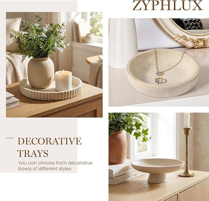 Round Decorative Trays & Coffee Table Tray, 11 Inch Fluted Coffee Table Centerpiece Decor, No Slip Modern Circle Concrete Organizer for Living Room, Console, Kitchen Island, Dresser