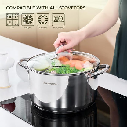 Sunhouse Stock Pot with Lid - 16 QT Large Pot for Cooking Pasta, Soup, Spaghetti - Impact Bonding Base Big Stainless Steel Pots for Canning, Boiling - Oven Safe & Induction Compatible Cookware