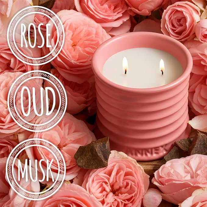 Annex Rose & Oud Luxury Scented Candle - Handmade Ceramic Jar - 50hr Clean Burn, Non-Toxic Soy Wax - Aesthetic Home Decor Winter Gift for Women & Men - Luxury Floral Notes