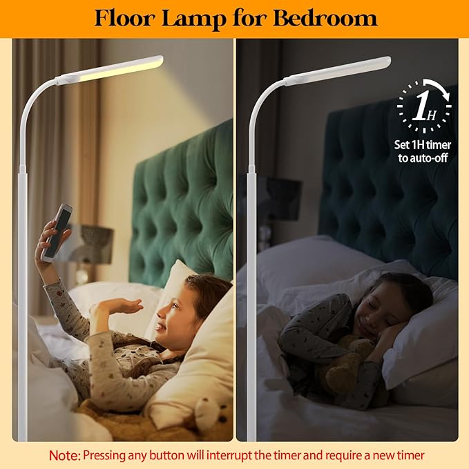 LED Floor Lamp, 18W Super Bright Floor Lamp for Living Room, Adjustable Stepless Colors & Brightness Standing Lamp, Eye Caring Reading Light with Remote (White)