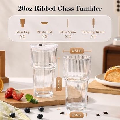 GOSCHE 20oz Ribbed Glass Tumbler with Straw and Lid, Clear Iced Coffee Cups Vintage Glassware, Glass Cups with Lids and Straws for Smoothie Water Tea Juice, Clear, 2 Pack