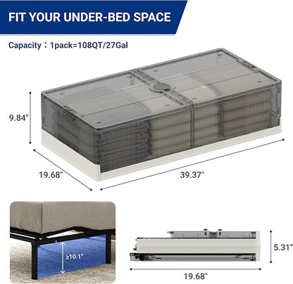 FLEXIMOUNTS 3-Pack Under Bed Storage with Wheels, 108 QT Large Collapsible & Stackable Containers, Foldable Organizer Bins for Blankets, Shoes, Books, Bedroom Closet