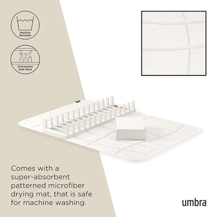 Umbra UDry Dish Drying Rack with Mat – Kitchen Countertop Dish Drainer & Absorbent Microfiber Drying Mat, Foldable Dish Rack Organizer for Plates, Cups & Utensils, Sand