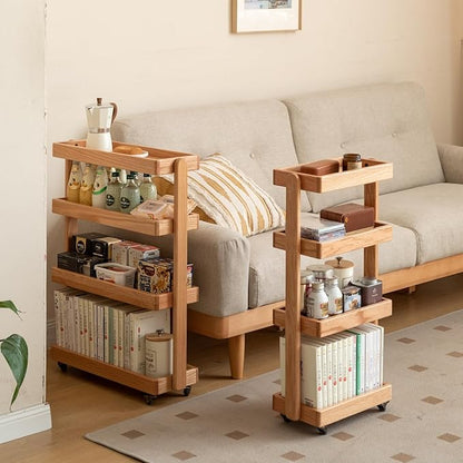 4-Tier Rolling Utility Cart with Lockable Wheels – Solid Oak Mobile Storage Trolley & Shelving Organizer for Kitchen, Living Room(Natural, 7.87" D x 15.75" W x 31.89" H)