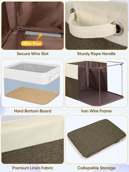 BALEINE 3 Pack Fabric Storage Bins for Shelves, Linen Storage Baskets for Organizing, Decorative Closet Bins for Clothes, Home (Brown, 17''x13''x10.5'')
