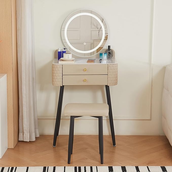 Makeup Vanity with Round Mirror,Light,Two Drawers,Cushioned Stool Set.Small Dressing Table for bedrooms and Dressing Rooms.Beige-Gray