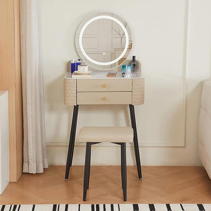 Makeup Vanity with Round Mirror,Light,Two Drawers,Cushioned Stool Set.Small Dressing Table for bedrooms and Dressing Rooms.Beige-Gray