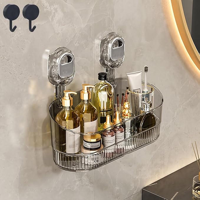 No-Drill Bathroom Suction Storage Box – Large Capacity & Strong Load-Bearing, Removable Hanging Shower Basket Caddy Organizer Drain Rack, with Drainage Hole & Adhesive Backing (Gray, 1pc)
