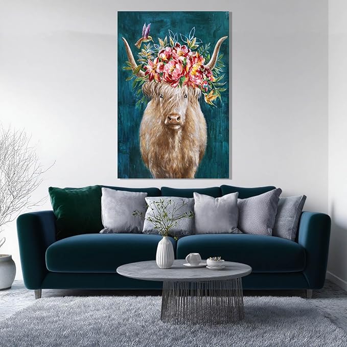 ZENPEE Highland Cow Canvas Wall Art with Pink and Blue Background, Farmhouse Wall Decor for Bedroom, Living Room, Office, Hallway, 24" x 36"