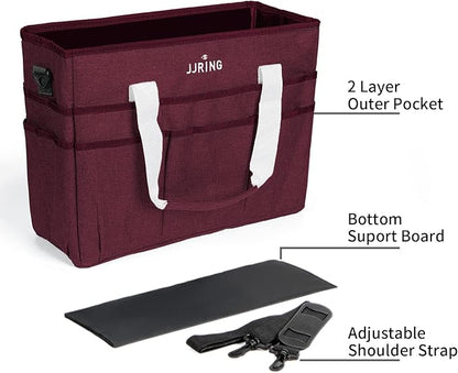 JJRING Craft Organizer Tote Bag, Large Art Storage Caddy with Multiple Pockets, Dark Red Sewing Bag for Art, Craft, Scrapbooking, School, Medical, and Office Supplies Storage