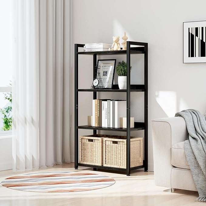 NUMENN Bookshelf, 4 Tier Bookshelves, Home Office Bookcase Shelf Storage Organizer, Free Standing Storage Shelving Unit for Bedroom, Living Room and Home Office, Black
