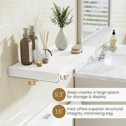Fun Memories 40" W x 9.3" D White Floating Shelves for Wall, Deep Long Floating Shelf for Home Bathroom, Bedroom, Living Room, Rustic Wood Wall Mounted Shelves for Books Decor