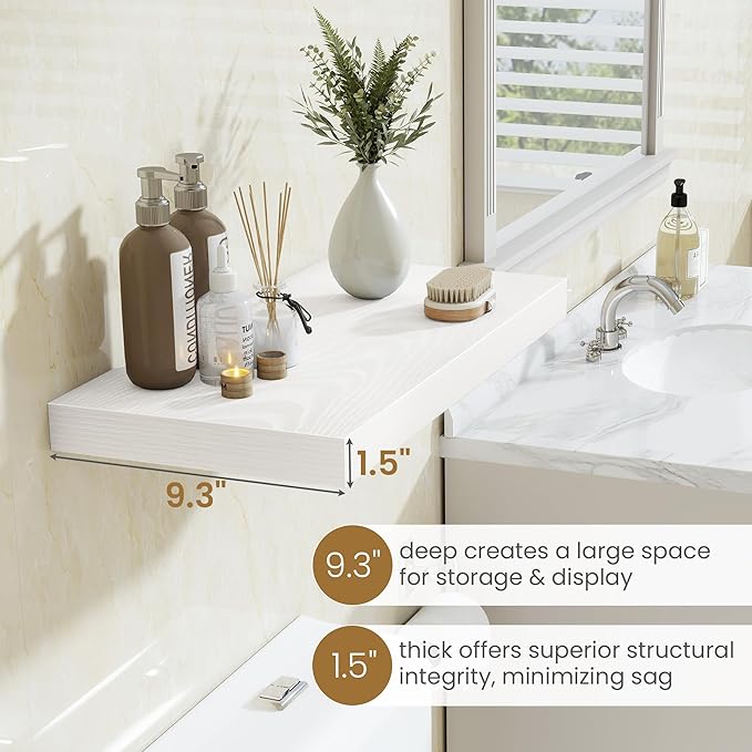 Fun Memories White Floating Shelves 36 Inch Long, 9.3 Inch Deep Floating Shelf 2 Pack for Wall Bathroom, Living Room, Kitchen, Large Long Wall Shelves with Heavy-Duty Bracket for Books Decor