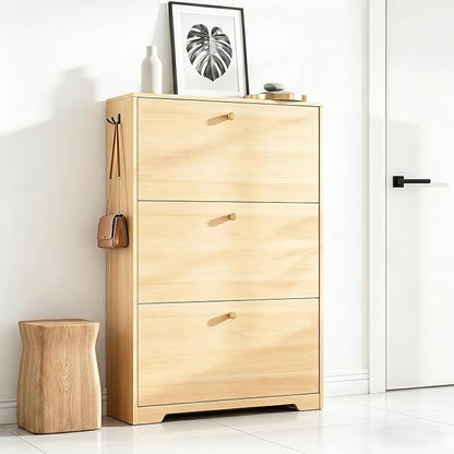 Nicetree Shoe Cabinet with 3 Flip Drawers，Freestanding Shoe Storage Cabinet, Narrow Shoe Organizer Cabinet, Farmhouse Slim Shoe Rack Cabinet for Entryway,Natural Oak with Hook