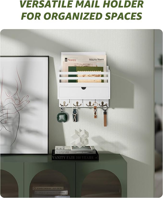 Rebee Vision Decorative Mail Organizer Wall Mount - Modern Key and Mail Holder for Wall with Drawer Organizer and 7 Key Hooks - Wall Decor Living Room for Apartment Essentials (White)