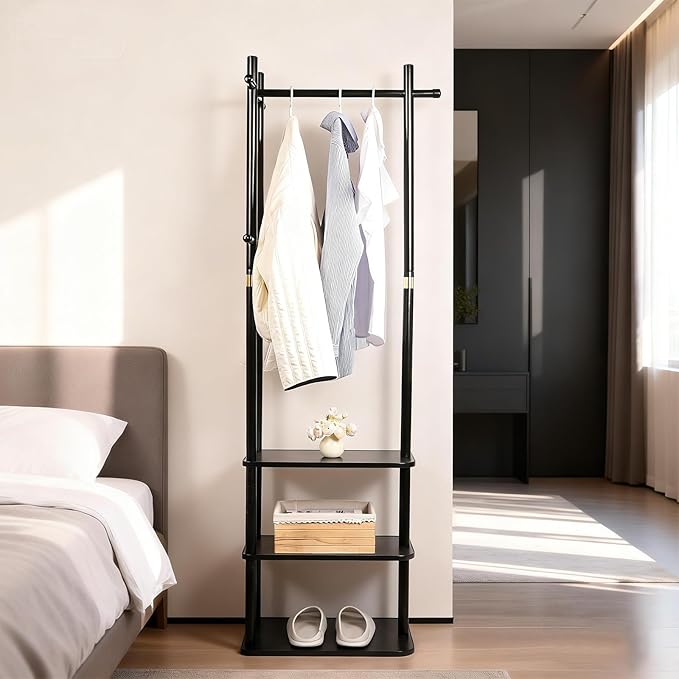 Wood Coat Rack Freestanding Clothing Rack with 3 Storage Shelves and 5 Hooks Coat Tree Heavy-Duty Garment Rack for Corner Entryways Living Rooms and Bedrooms, Black