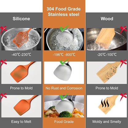 304 Stainless Steel Cooking Utensils Set, 12 Pcs Long Stainless Steel Kitchen Utensils Set, Metal Cooking Utensils Set with Potato Masher, Spoon, Ladle, Skimmer, Pasta Server etc(Dishwasher Safe)