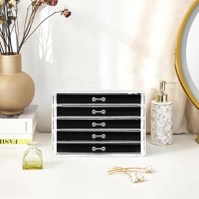 ProCase Earring Holder Organizer Jewelry Box with 5 Drawers, Acrylic Clear Earring Case with Adjustable Velvet Trays for Women - Black, 5 Layers