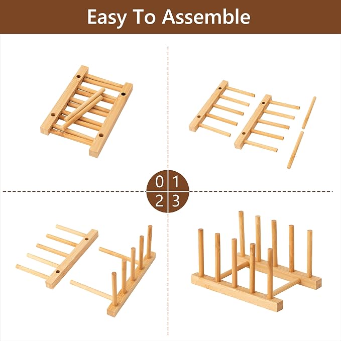 HBlife 2pcs Bamboo Dish Plate Bowl Cup Book Pot Lid Cutting Board Drying Rack Stand Drainer Storage Holder Organizer Kitchen Cabinet（Keep Dry）