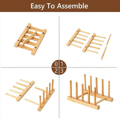 HBlife 2pcs Bamboo Dish Plate Bowl Cup Book Pot Lid Cutting Board Drying Rack Stand Drainer Storage Holder Organizer Kitchen Cabinet（Keep Dry）