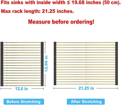 Expandable Roll Up Dish Drying Rack, Adjustable Large Over The Sink Rack Draining Rack (Max Extends to 21.25”) for Stainless Steel Sink Rack, Collapsible Rolling Up Rack 18 Tube for Kitchen, Gold