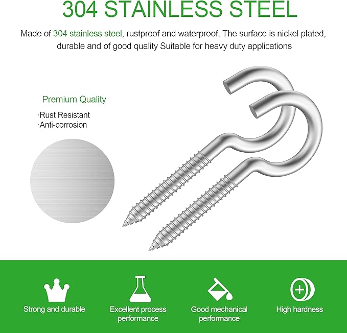 304 Stainless Steel Screw-in Hooks, Heavy-Duty Eye Hooks for Wood, Christmas Lighting (14 pcs + 1/4" Hex Shank Wing Nut Driver)