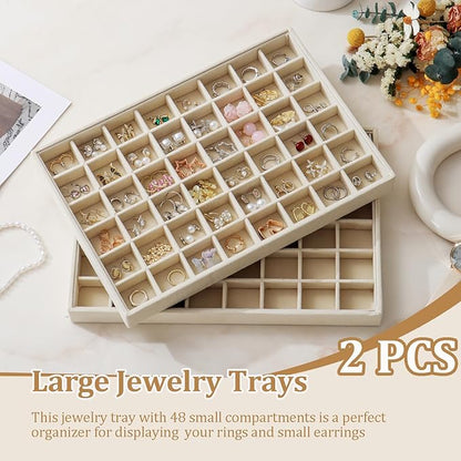 Large Velvet Jewelry Tray 2 Pack Stackable Jewelry Display Drawer Inserts Trays Organizer for Earring Bracelet Necklace Ring (Beige, 48 Grids)