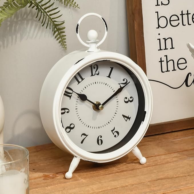 MACVAD Small white table clock Vintage Rustic White Table Clock on Stand, Decorative Desk and Shelf Clock Farmhouse Mantel Clock Rustic Non-Ticking Clock