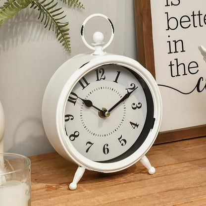 MACVAD Small white table clock Vintage Rustic White Table Clock on Stand, Decorative Desk and Shelf Clock Farmhouse Mantel Clock Rustic Non-Ticking Clock