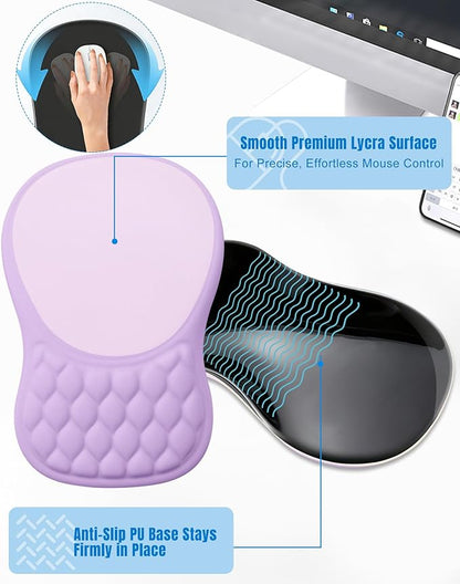 Ergonomic Mouse Pad with Wrist Rest, Slope Design Memory Foam Support, Smooth Lycra Surface, Non-Slip PU Base, Comfortable Mouse Mat for Office, Home, Computer Desk (Purple&Grey)