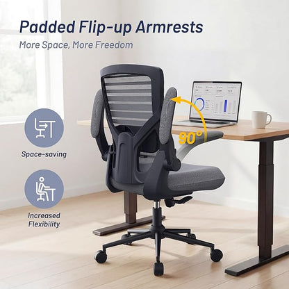 Office Desk Chair for Long Hours & Lower Back Pain Relief – 4“ Thick Molded Foam Cushion, Enhanced Lumbar Support, Padded Flip-up Armrests, New Year Workspace Upgrade, Dark Gray