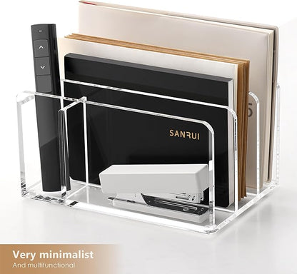 SANRUI Acrylic Mail Sorter Desktop Organizer with Pen Holder, 3 Compartments Clear Small File Script Letter Document Storage for Desk Bill Filling Envelope Holder Office, Home, School Organization