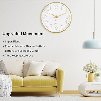 Foxtop Gold Wall Clock 12 Inch Silent Non-Ticking Battery Operated Round Quartz Modern Wall Clock for Office Living Room Kitchen Bedroom Home Decor