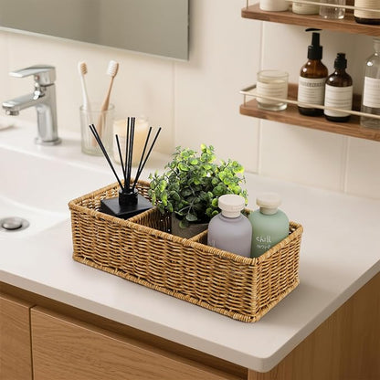 2 Pack Wicker Storage Basket, 3 Compartments Plastic Toilet Tank Topper Woven Basket, Rattan Storage Container Countertop Organizer for Bathroom Bedroom Decor, Tan